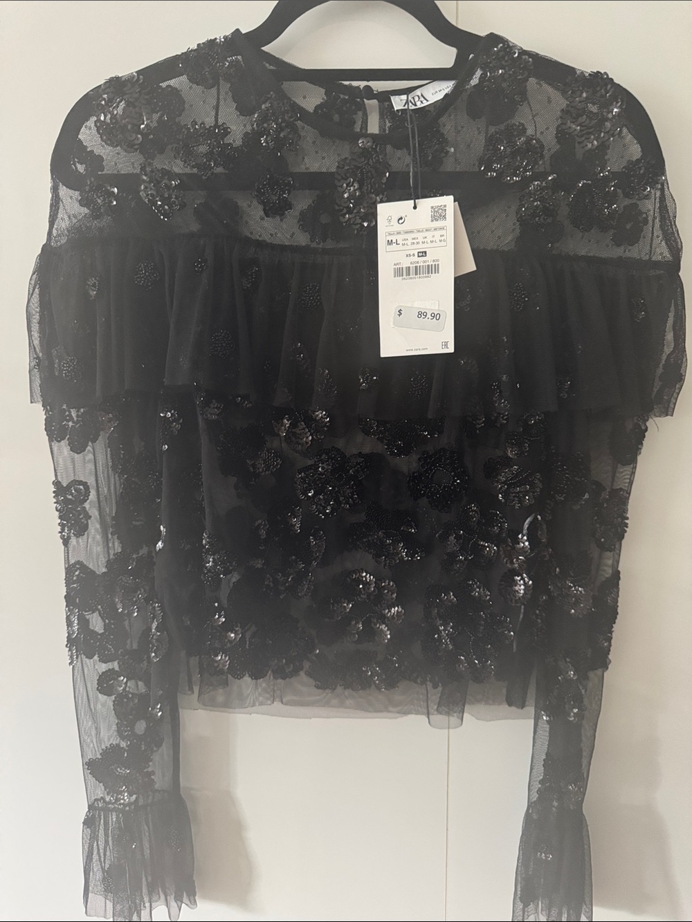 NWT Zara Black Sequin Floral Mesh Ruffle Blouse